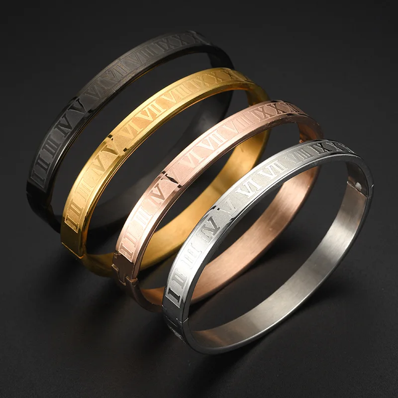 Luxury Cuff Bracelet Bangle Stainless Steel Carving Roman Numeral Couple For Men Women Jewelry | Украшения и аксессуары