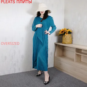 

Miyake Autumn New Fake Two-piece Dress Round Neck Long Sleeve Pleated Dresses Long Simple Loose Dress Pleats Vestido Shein