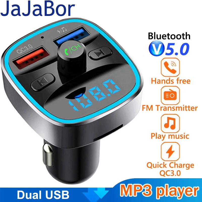 

JaJaBor FM передатчик Bluetooth 5,0 автомобильный комплект громкой связи Автомобильный MP3 плеер двойной USB быстрая зарядка QC3.0 автомобильное зарядное устройство FM модулятор