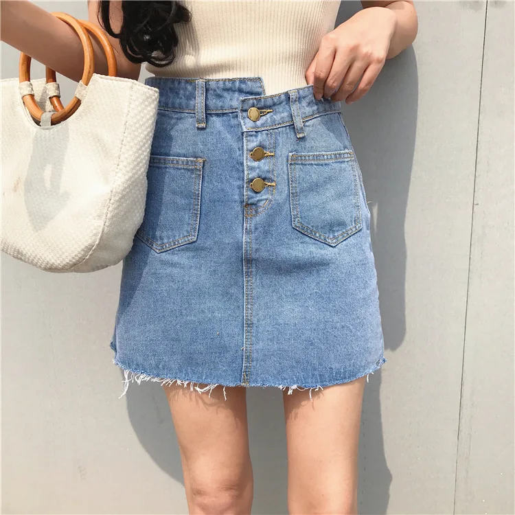 

Photo Shoot Hong Kong Flavor Retro Denim Skirt High-waisted Irregular Overcharging You Pocket A- line Short Skirt