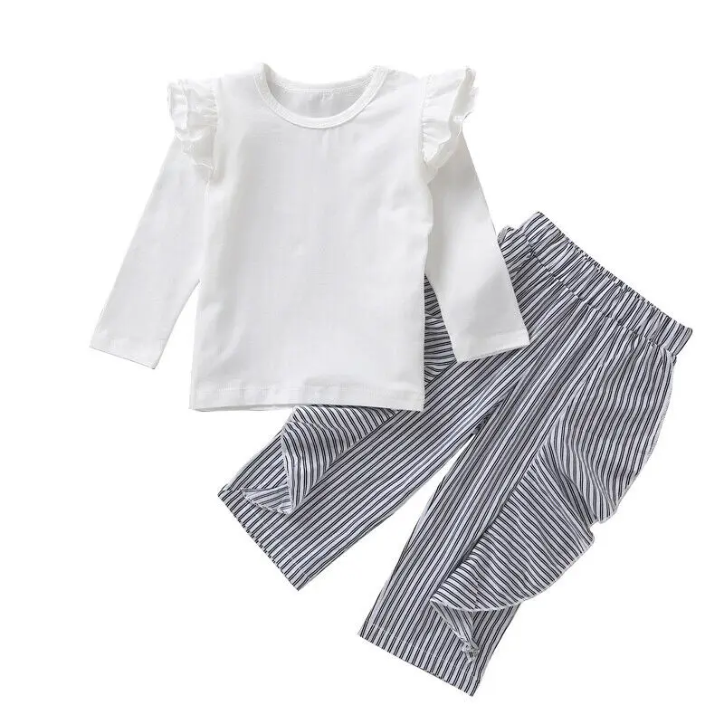 

England Style Kids Baby Girl Clothes Autumn Sets Ruffles Long Sleeve Tops Striped Long Pants 2Pcs Girl Cotton Outfits 0-5Y
