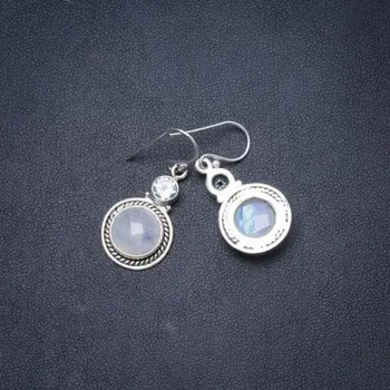 

Natural Rainbow Moonstone and Blue Topaz Handmade Unique 925 Sterling Silver Earrings 1.25" Y1716
