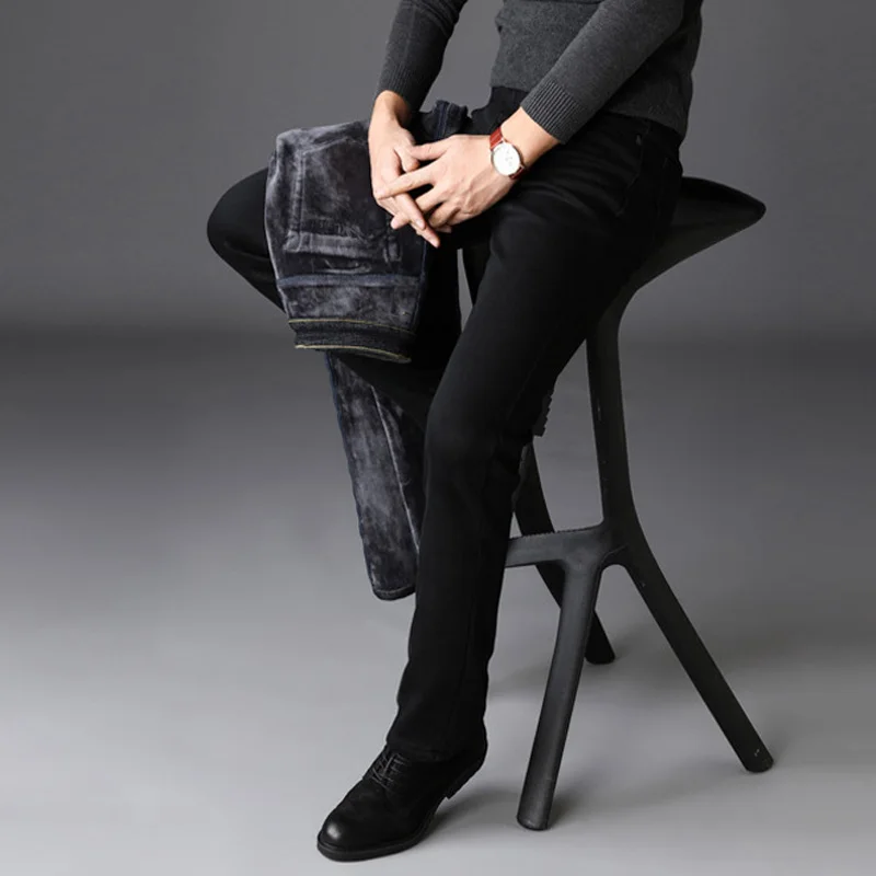 2020 NEW Men Fashion Winter Jeans Men Black Color Slim Fit Stretch Thick Velvet Pants Warm 2