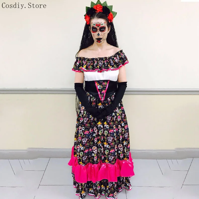 Rose Bone Dress Day Of Dead Walk Dead Costume Halloween Corpse Bride Women Carnival Skull Skeleton Fancy Death Outfit For Adult