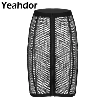 

Women Sexy Hollow Out Fishnet High Waist Skirt Elastic Waistband Front Zip Up Fashion Pencil Skirt Female Summer Bikini Cover Up