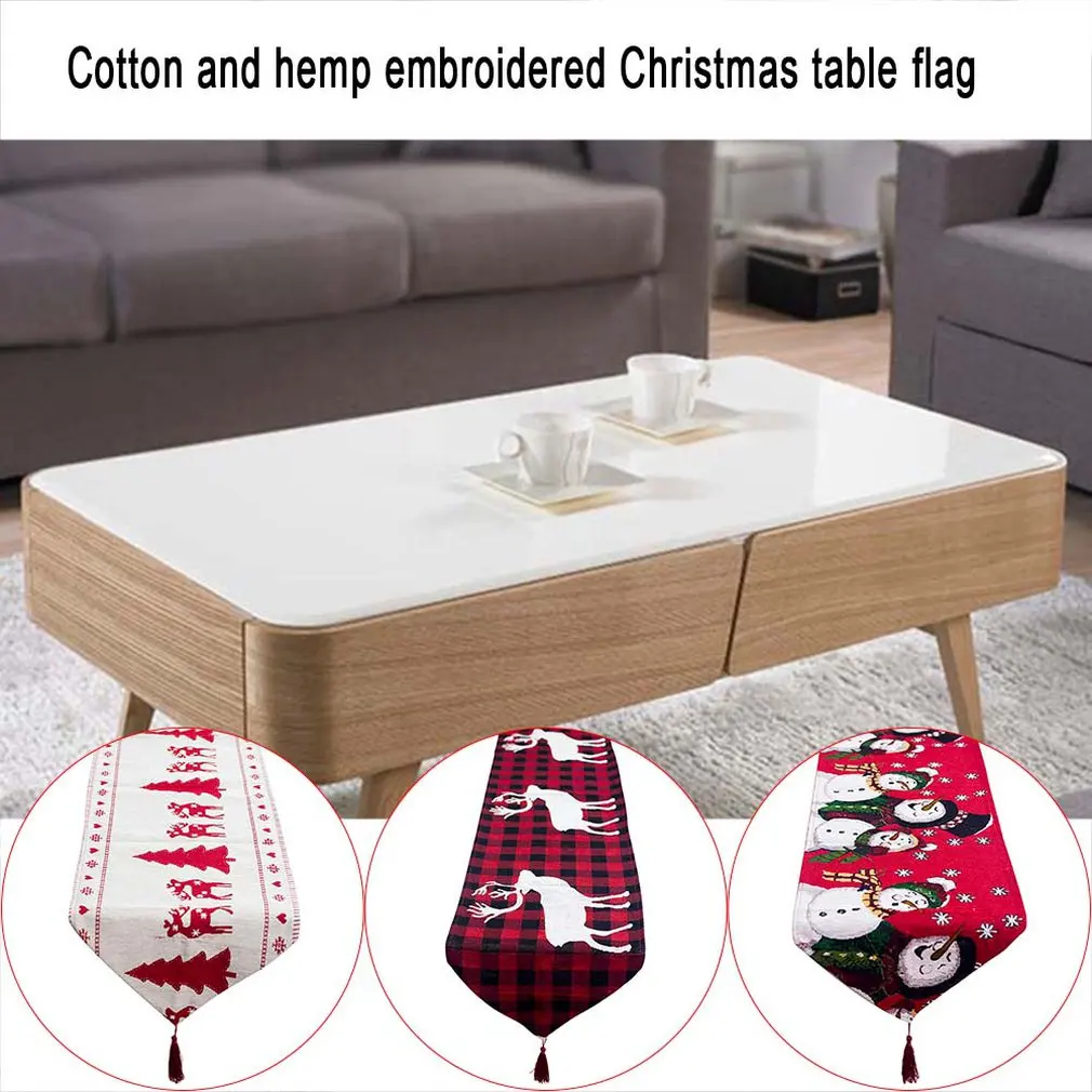 Cotton Christmas Table Flags Decorations Embroidered Christmas Tree ELK Snowman Desktop Decoration Table Cloth Navidad