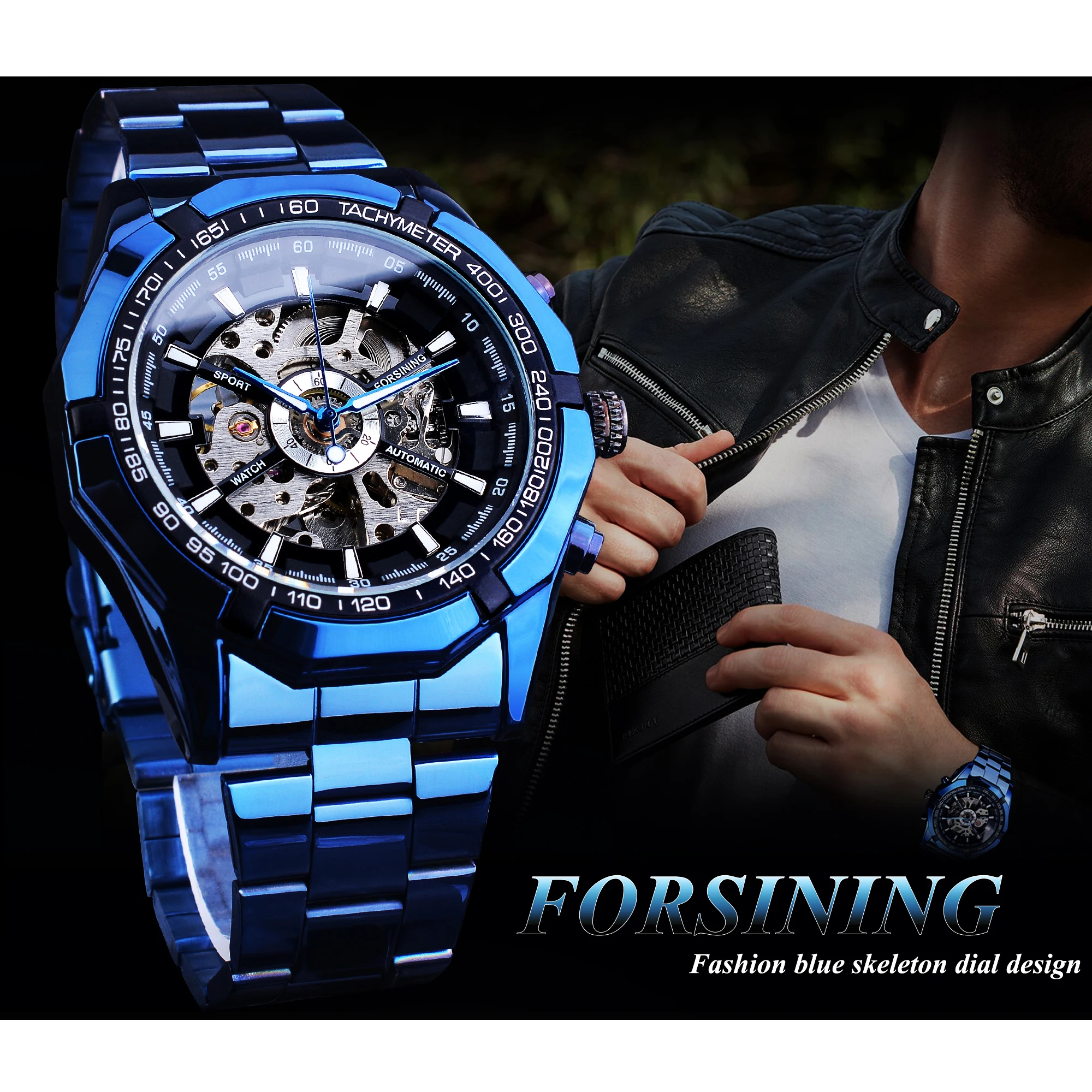 Forsining Mechanical Men's Wristwatch Skeleton Hollow Automatic Watch 3Bar Stainless Steel Men Watches Blue Fashion Reloj Hombre mechanical watch
