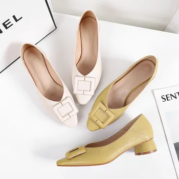 

2020 spring and summer new high heels Plus size women shoes Square buckle round Crude heel shoes women Work shoes heeled shoes