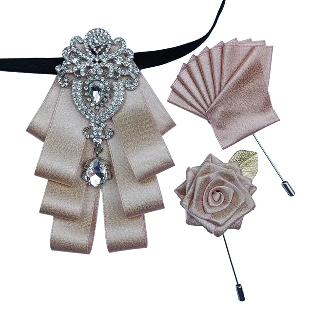 British New Fashion Men's Wedding Performance Groom Wedding-Party Flower Collar Bow Tie Pocket Towel Square Set Men Accessories PINK SET WHITE