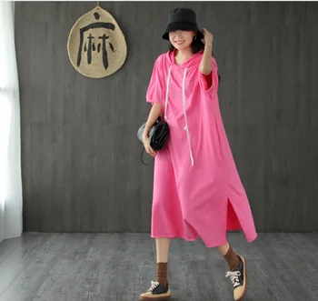 

Large size Dress 2020 Summer Retro Women Loose All-match Dress New Ladies Hooded Drawstring Short Sleeve pocket Casual Dress