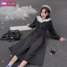 

Harajuku Gothic Cosplay Black Sailor Dress Women Lolita Girl Style Lace Collar Vintage Bandage Casual Pleated Long Vestidos 2021