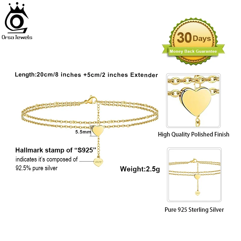 ORSA JEWELS Layered Heart & Satellite Chain Sexy Foot Chain 925 Sterling Silver Anklet Bracelet for Fashion Women Jewelry SA17