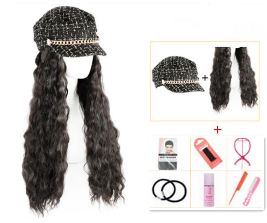 Brown wig set Парик женский длинные волосы маленькая ароматная шляпа парик одна женская зимняя Сетка Красный Модный шерстяной рулон Кукуруза Перми полный комплект головы - Цвет: Brown wig set