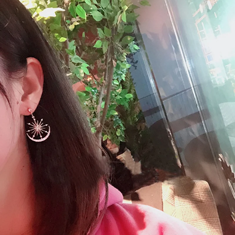 MENGJIQIAO корейский Блестящий Звезда Луна Висячие серьги для женщин Нежный Циркон полукруглый модные Pendientes вечерние Ювелирные изделия Подарки