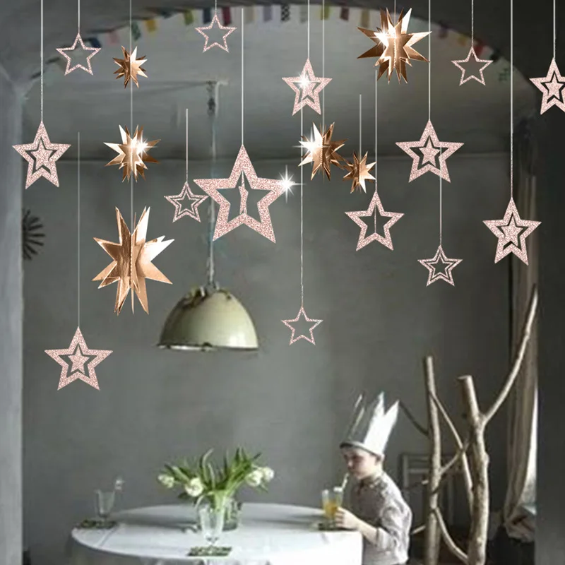 7pcs/set Rose Gold Hollow Star Paper Garland Wall Hanging Pendant Kids Birthday Party Baby Shower Wedding Decor Christmas Banner