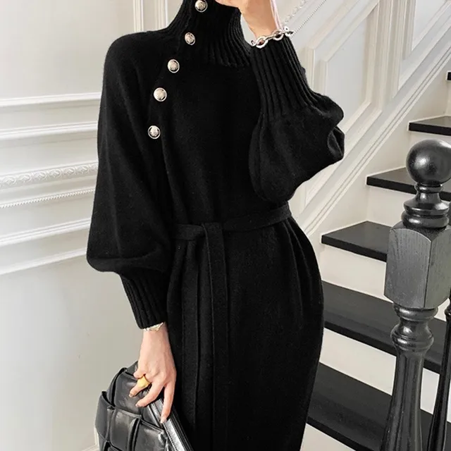 Elegant Sweater Dress Female Fashion Casual Loose Turtleneck Solid Pullover Sash Tie Up Robe Femme Autumn Winter Party Dress 5