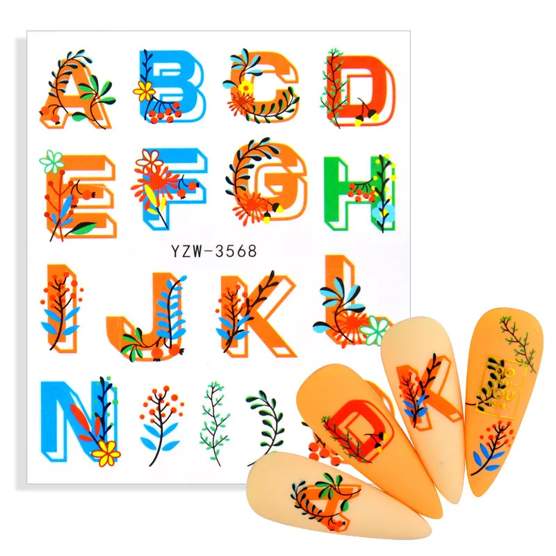 Цветные Цветочные ABC наклейки с буквами для дизайна ногтей английский старый