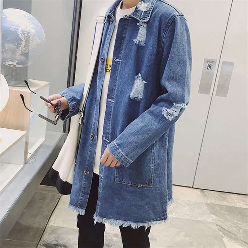 

Large Size Denim Coat Men Medium Long Trench Coat 2019 Spring New Hole Outerwear Single-Breasted Men's Denim Windbreaker JIA414