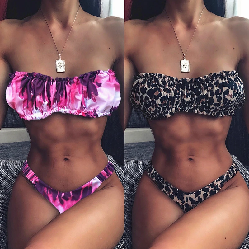 

2 Piece Swimsuit Off Shoulder Bikini Push Up Swimwear Swimming Suit for Women Bikinis 2020 Mujer High Waisted Bathing Suits
