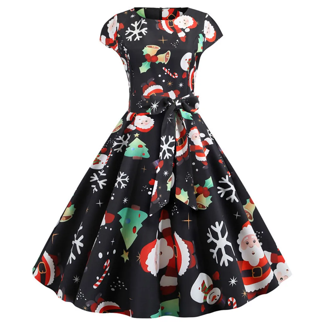 Горячее зимнее платье женское модное рождественское платье с принтом Круглый вырез молния бант Хепберн вечерние платья vestidos verano mujer# guahao - Цвет: D