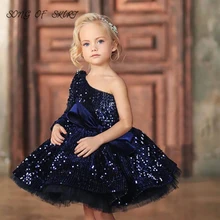 

Royal Blue Bling Flower Girl Dresses One Shoulder Puff Sleeves Children Holy Communion Birthday Party Gown платье для девочки