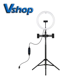 

1.65m Tripod Mount Dual Phone Bracket 11.8 inch 30cm USB 3 Modes LED Ring Vlogging Video Light Live Broadcast Kits