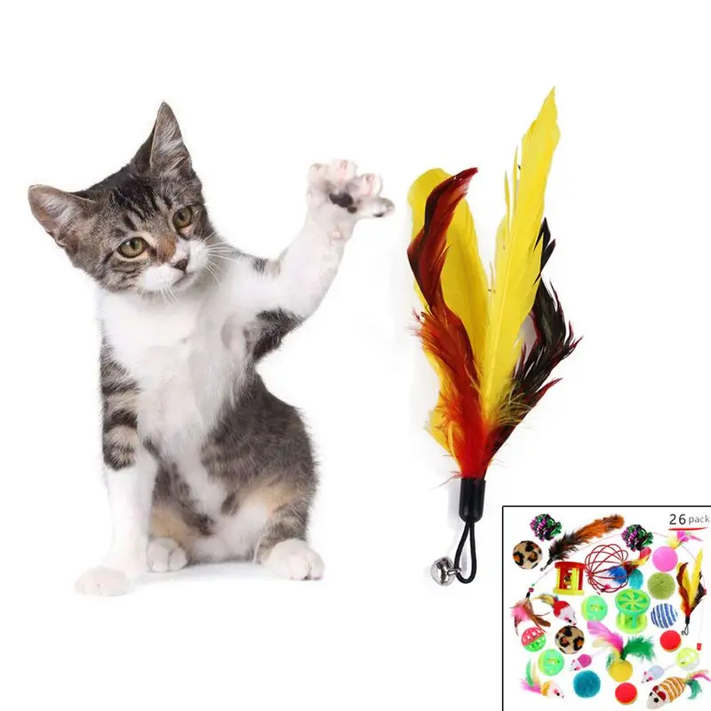 

26Pcs Cat Kitten Toys Feather Teaser Wand Mice Colorful Balls Bells for Pets