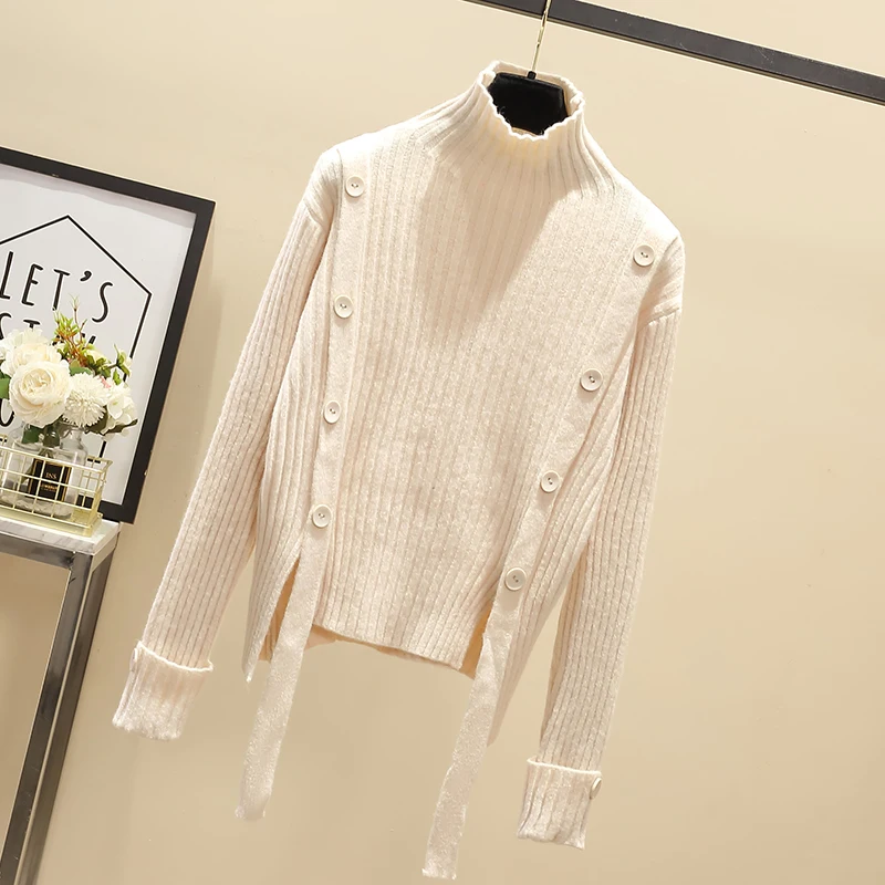

Fall 2020 Women Plus Size M-4XL Sweater Loose Long Sleeve Irregular Split Button Turtleneck Knitted Pullover Sweater Top