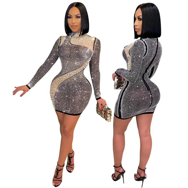 Women's Clothing Summer 2021 Crystal Mesh Sequins Long Sleeve Mini Bodycon Birthday For Sexy Ladies Night Club Party Dresses 3