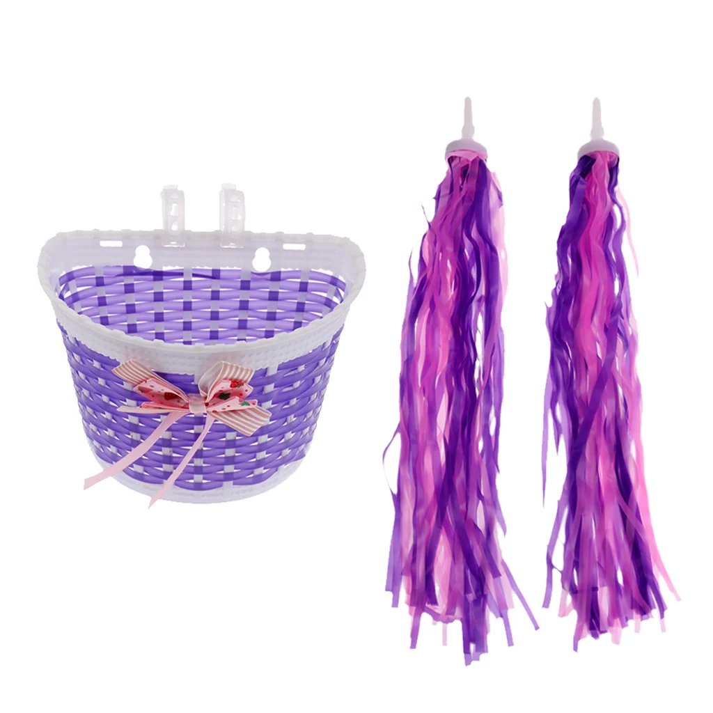 Children Kids  Front Basket+Handlebar Grip Tassels Streamers Purple