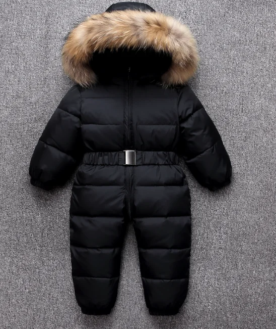 Black fox fur collar Зимние теплые детские комбинезоны; Детский комбинезон на утином пуху; зимний комбинезон для маленьких мальчиков и девочек; комбинезон с меховым капюшоном; костюм; одежда - Цвет: Black fox fur collar