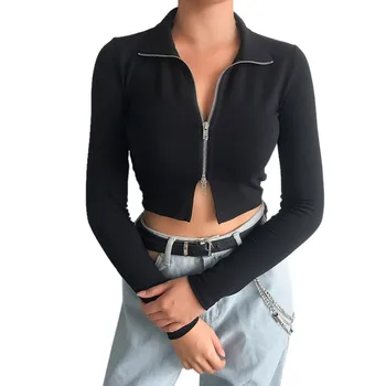 

Women New Chic Lapel Long Sleeve Autumn Women Jacket Sexy Slim Black Metal Zipper Closure Crop Cardigan New