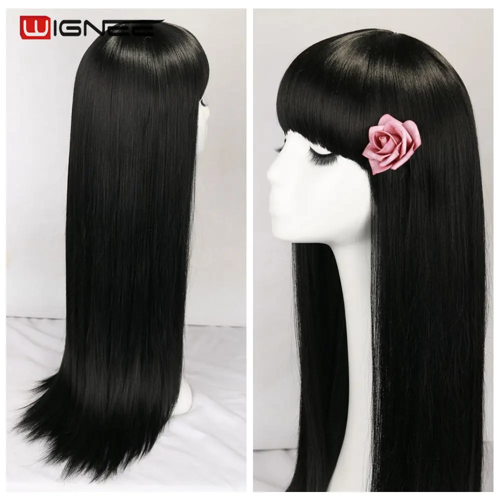 

Wignee Long Straight Black Synthetic Wigs With Bang for Black/White Women Hair Cosplay /Party /Costume Glueless Natural Hair Wig