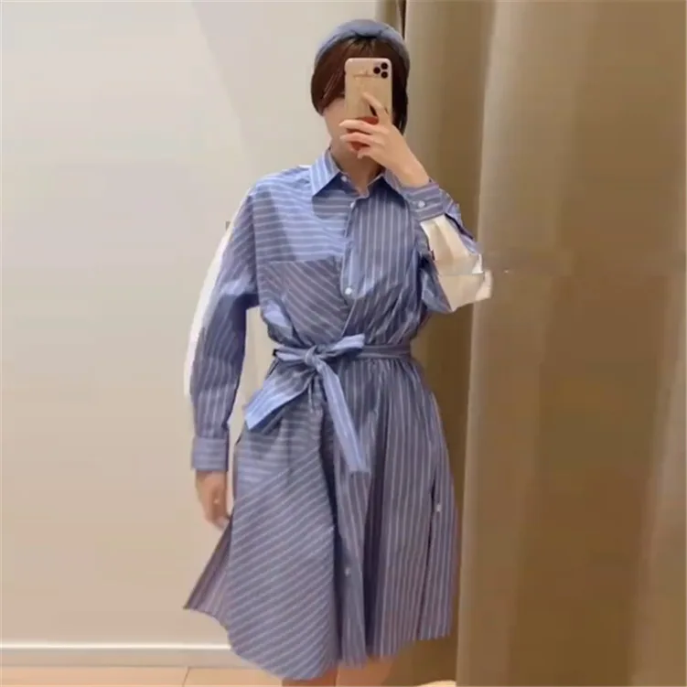 

2020 Spring New Long Sleeve Contrast Stripe Straps Commuter Temperament Long Shirt Dress Women