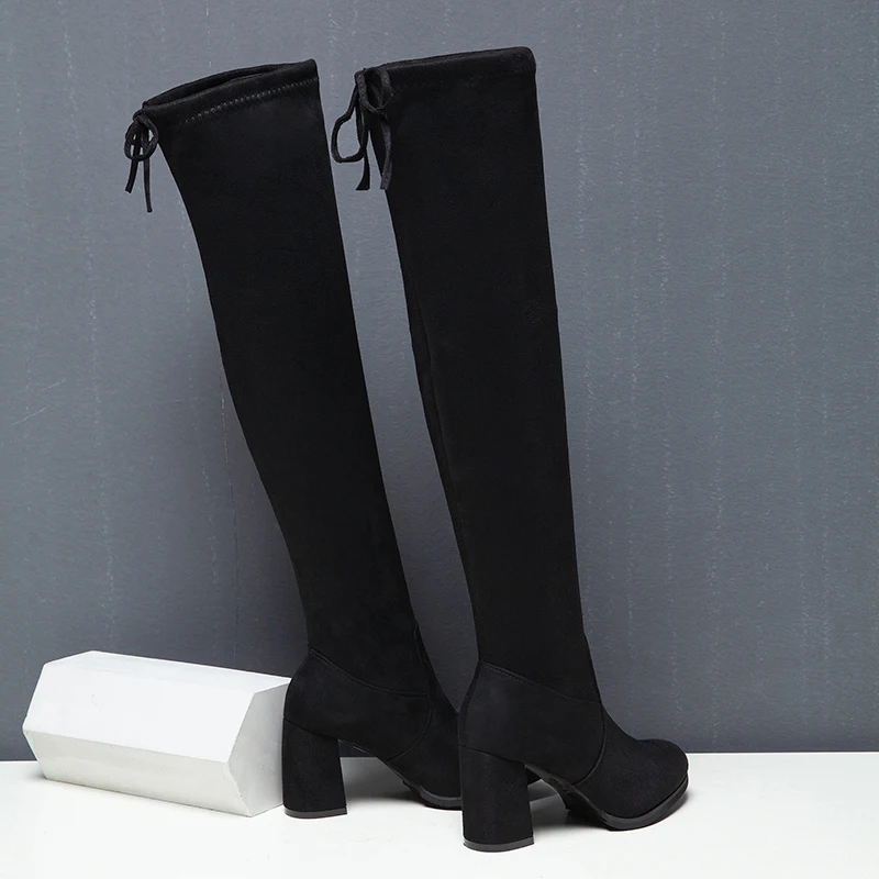 

Thigh High Boots Fashion Over The Knee Boot Stretch Flock Over knee High Heels Boots Woman Shoes Black Winter Fleeces Boots Warm