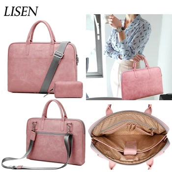 

Leather Waterproof Laptop Briefcase 17.3 15.6 14 Handbag For Macbook Air 13 Bag Pro 13.3 15 2019 Case Women 17 Shoulder Bags