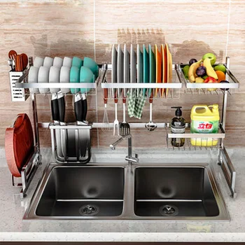 

304 Stainless Steel Kitchen Sink Storage Shelf Drying Bowl Draining Shelf Sink Double-Layer Dish Rack Kitchen Storage Artifact