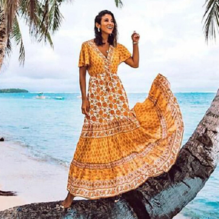 Gypsylady Boho Макси платье желтые цветочные праздничные летние платья V-ncek кнопка