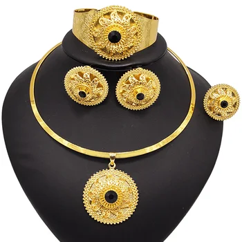 

Yulaili Hot Sell African Pure Gold Color Party Costume Round Necklace Earrings Bracelet Ring for Women Ethiopia Jewelry Sets