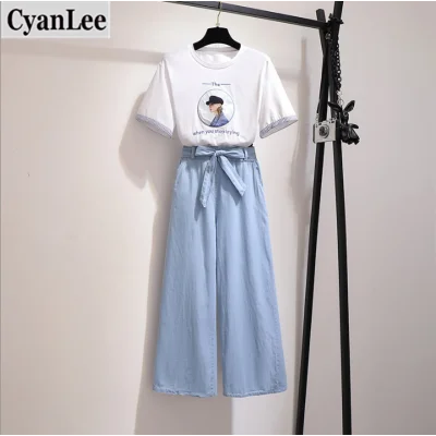 plus size Summer wide-leg Pants Suits Female Small fresh Simple Embroidery Patchwork Tshirt and Straight Two-piece sets |