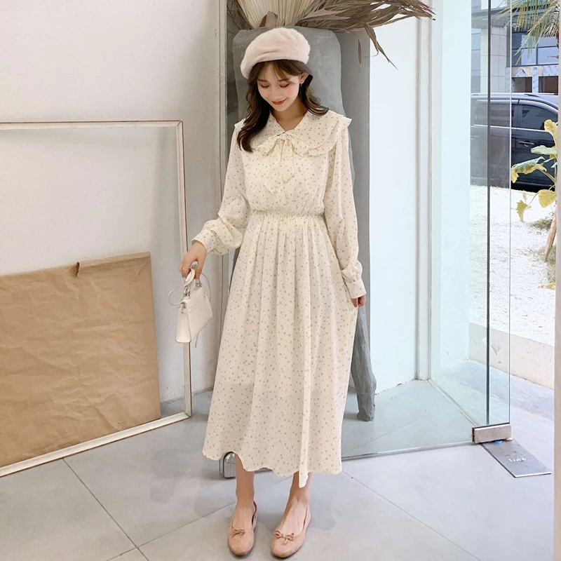 

Casual Women Chiffon Print A-Line Dress Female Korean Peter Pan Collar Party Dress Ladies Lantern Sleeve Mid-Calf Cute Clothing
