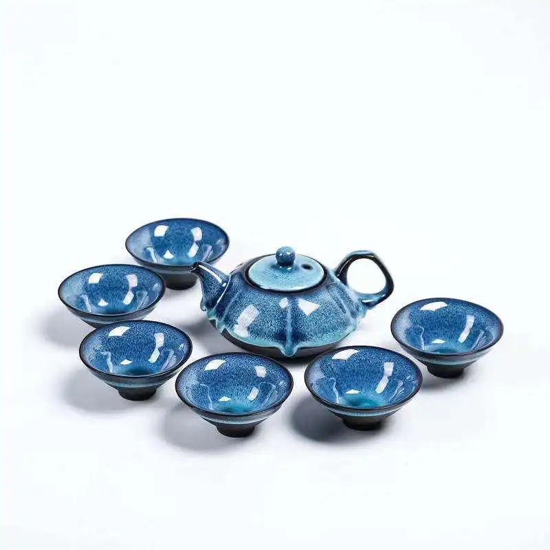 Jun Porcelain Kung Fu tea set Tenmoku fish fun tea cup ore Zisha Teapot Set 1 teapot + 6 cups