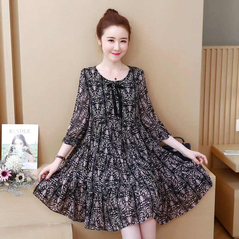 

Photo Shoot Large Size Dress 2019 Summer Large GIRL'S Loose-Fit Printed Chiffon Mid-length Dress