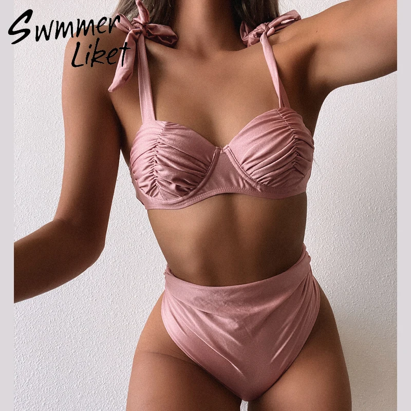 Pleated bikini High waist summer bathing suit Pink swimwear women Push up swimsuit female biquini underwire Knot bathers