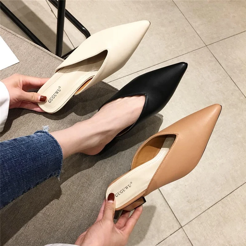 

2021 Summer Fashion Women Beige Silver Pink Low High Heels Slides Mules Designer Beach Slippers Pointed Closed Toe Slides Shoes