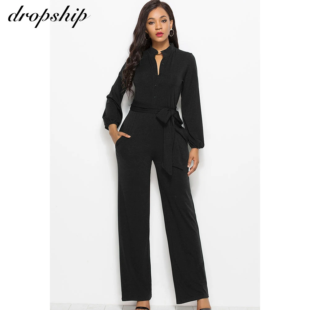

Dropship Turn Down Collar Button Fly Long Sleeve Women Jumpsuit Solid Color Mid Waist Lace Up Female Wide Leg Stright Jumpsuits