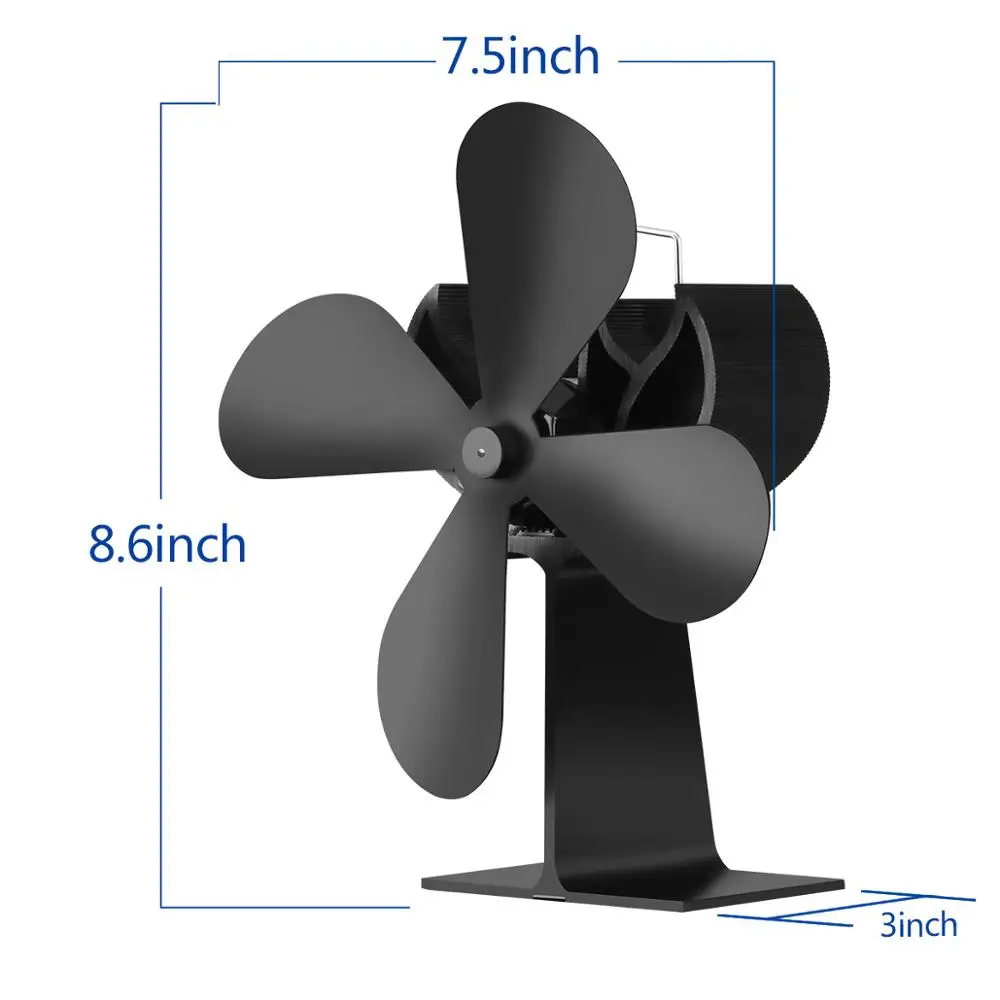 4 лопасти вентилятор для печи, работающий от тепловой энергии бревна деревянная горелка Ecofan тихий черный Домашний Вентилятор для камина эффективное распределение тепла 7,5 дюймов