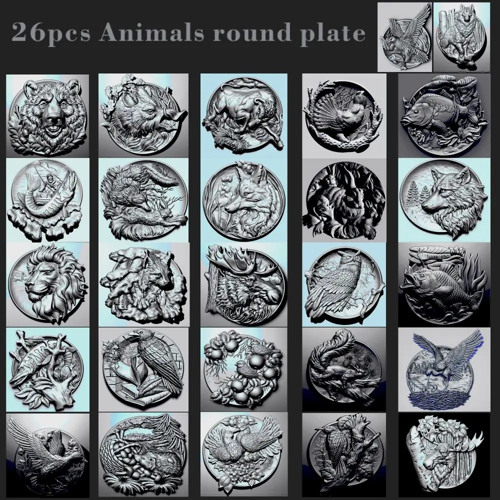 Placa redonda 3d de animales, modelo STL alivio para enrutador CNC formato STL Artcam Aspire Cut3D Vcarve, 26 Uds.