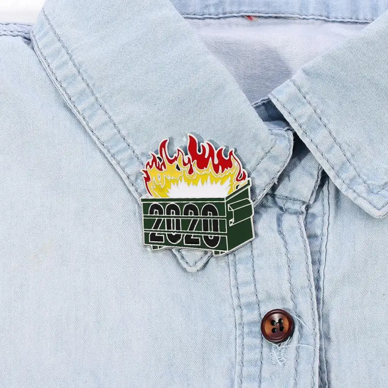 קנו ערכות תכשיטים | 2020 Flames Trash Can Fire Barbage Brooch Enamel Mood  Lapel Pin Bag Clothes Decoration Button Bijoux Fashion Accessories