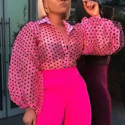 Женские топы в горошек, лето 2019, сексуальная прозрачная рубашка с длинными рукавами и пышными рукавами, женская блузка, прозрачная уличная